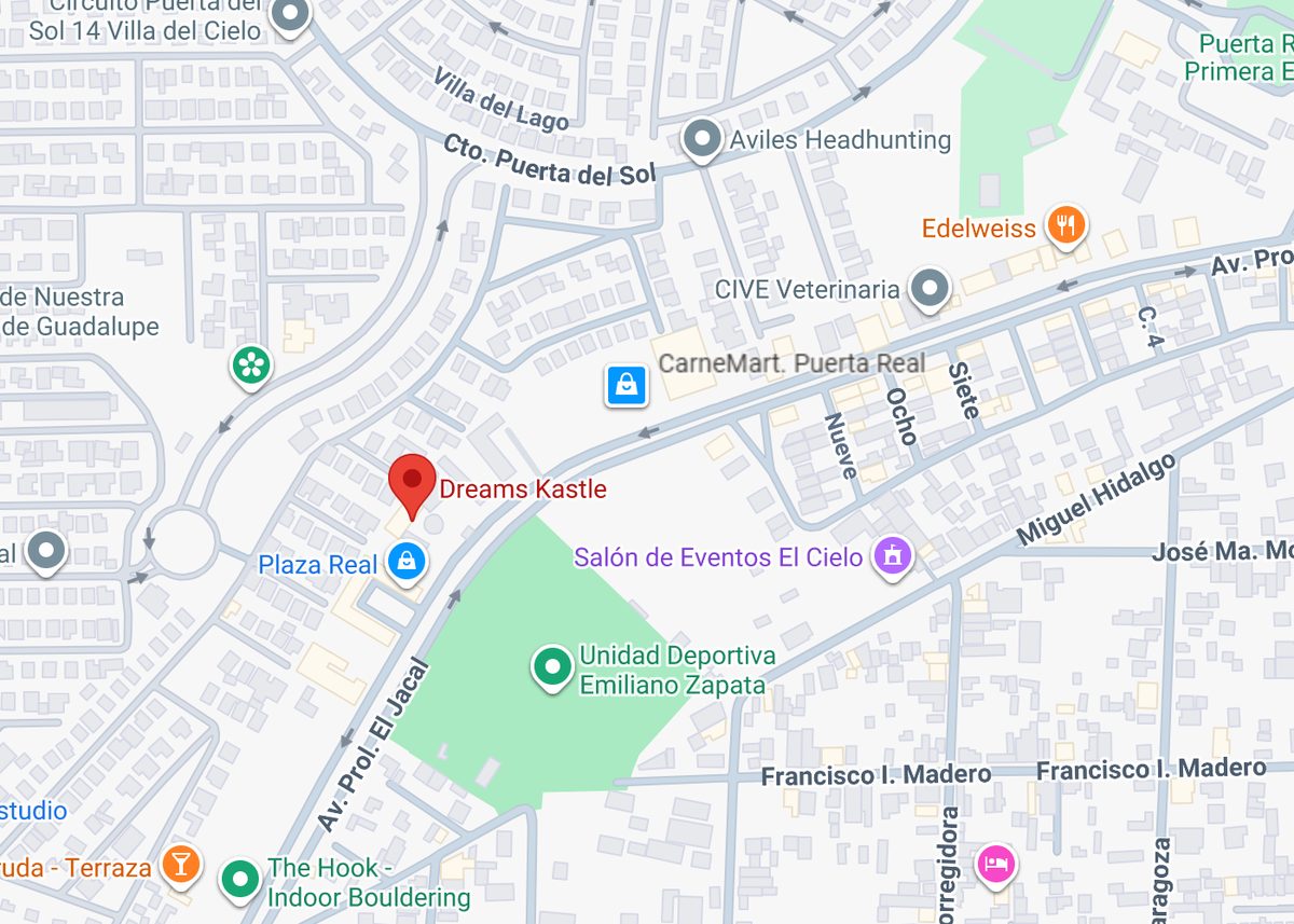 Mapa con la ubicación de Dreams Kastle sobre Av. Prolongación El Jacal, junto a Plaza Real